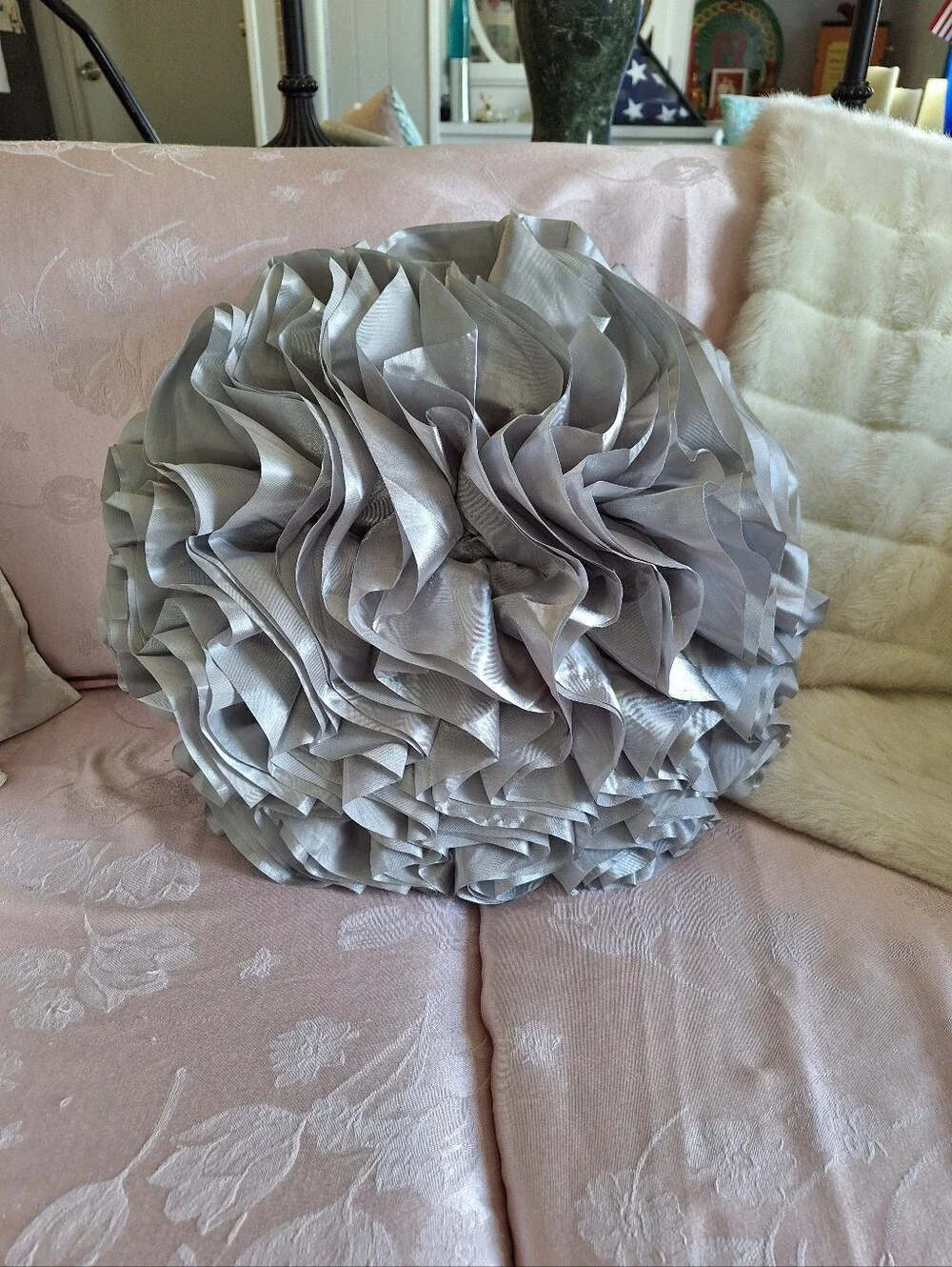 THRŌ Thro by Mario Lorenz Satin Ruffle Rosette Silver Throw Pillow 23